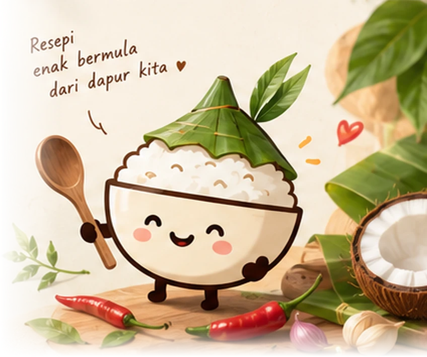 Maskot DapurKita: mangkuk nasi bertopi daun pisang memegang senduk kayu